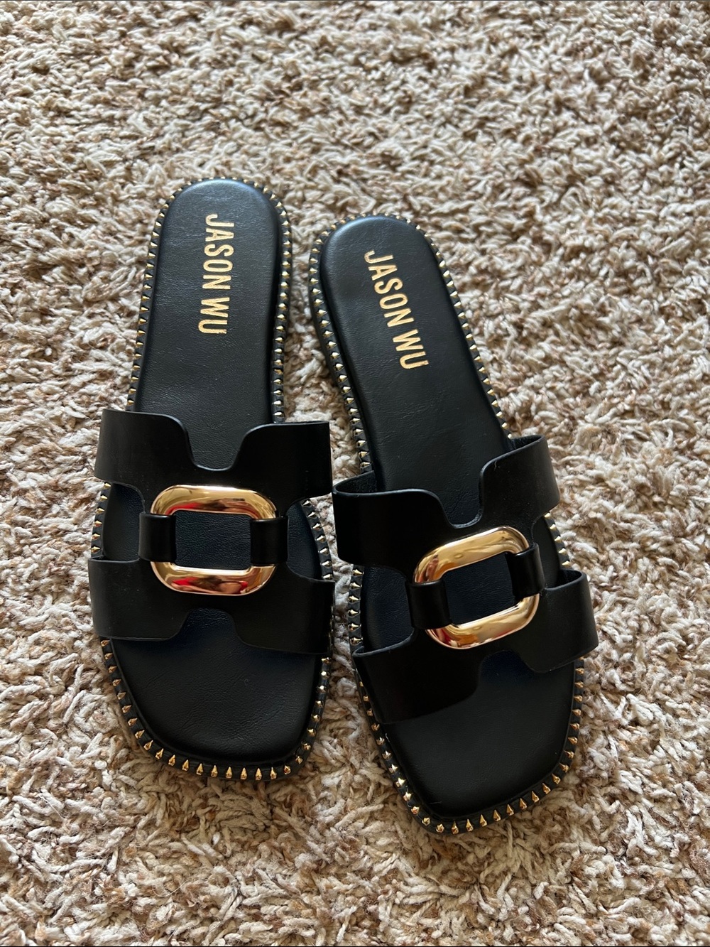 Jason Wu Black Leather Slide Sandals with Gold-Tone Buckle Accent